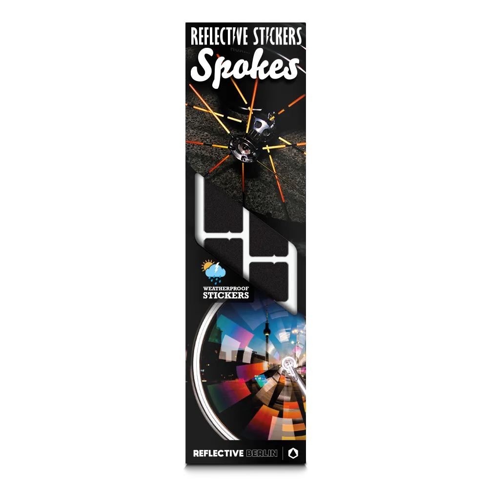 Reflektierender Speichen Aufkleber „Spokes“ in Farbvariante „schwarz“ in Produktverpackung von REFLECTIVE Berlin.