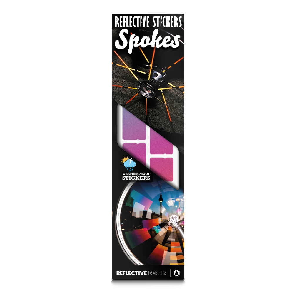 Reflektierender Speichen Aufkleber „Spokes“ in Farbvariante „Regenbogen“ in Produktverpackung von REFLECTIVE Berlin.