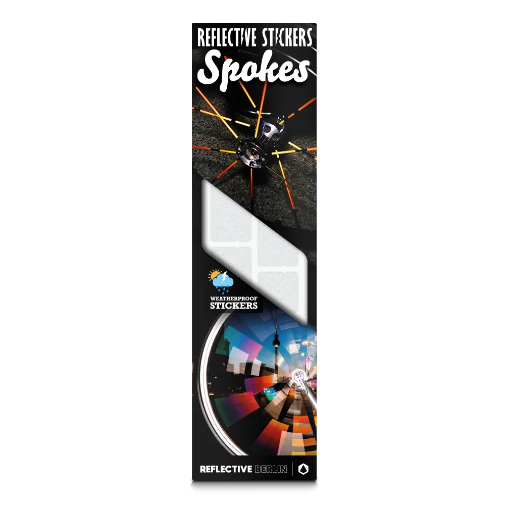 Reflektierender Speichen Aufkleber „Spokes“ in Farbvariante „weiß“ in Produktverpackung von REFLECTIVE Berlin.