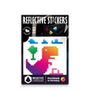 Reflektierender Aufkleber „T-Rex“ in Farbvariante „Regenbogen“ in Produktverpackung von REFLECTIVE Berlin.