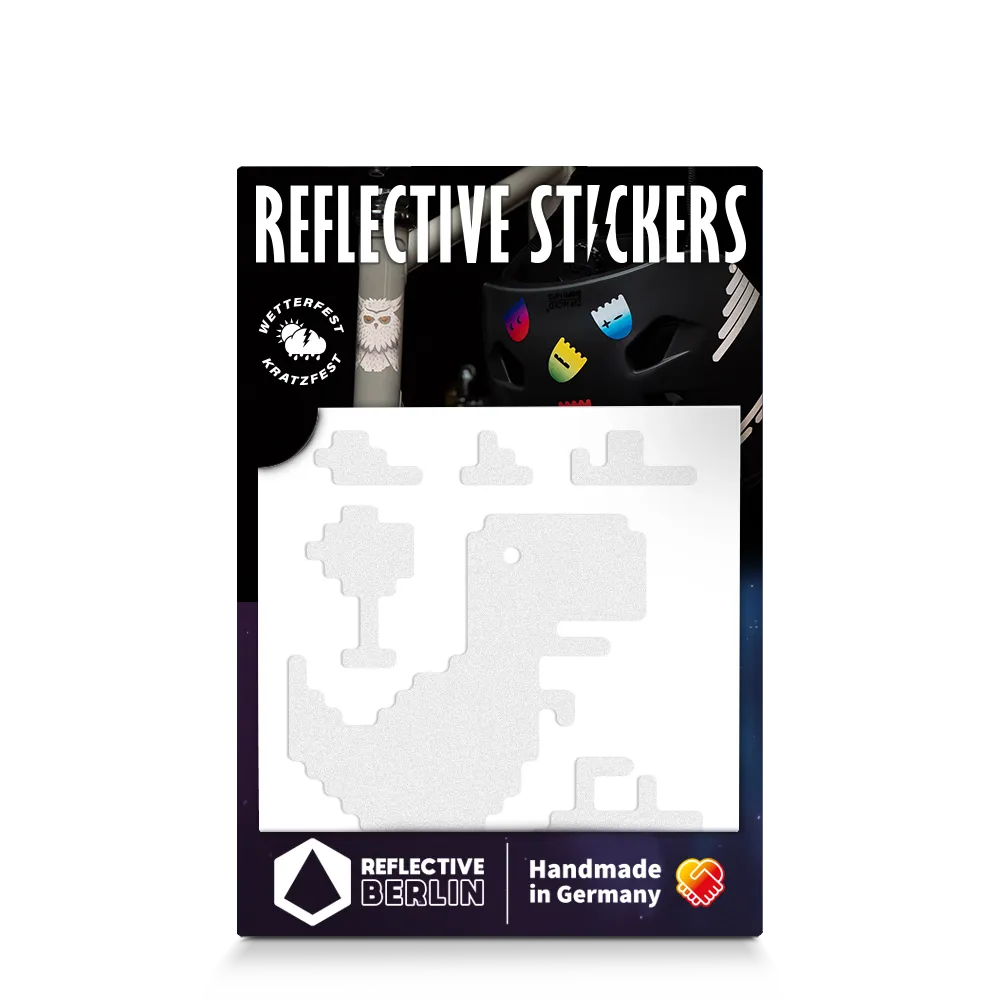 Reflektierender Aufkleber „T-Rex“ in Farbvariante „weiß“ in Produktverpackung von REFLECTIVE Berlin.