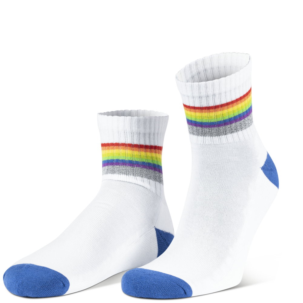 Product picture of white and rainbow reflective socks