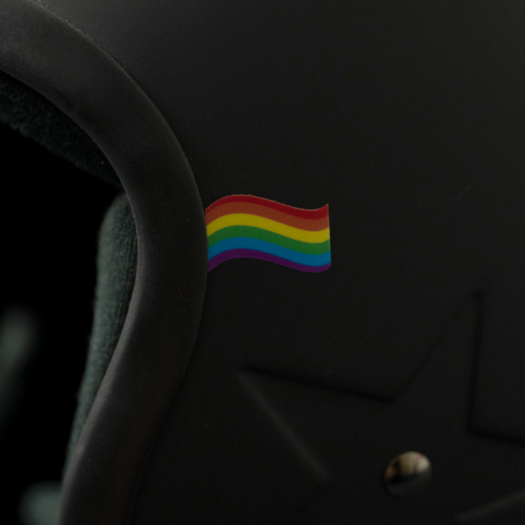 international love flag sticker, reflective, on side of helmet