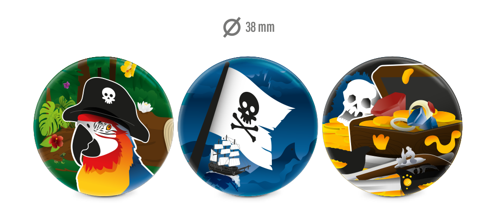 Inhalt, 3 Anstecker, Motive: Pagagei, Piratenflagge, Schatz