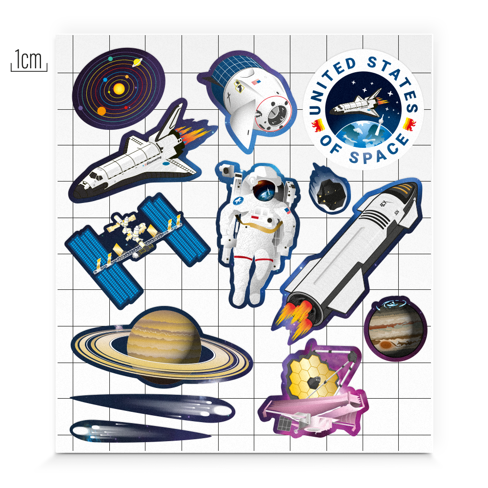 Reflective thematic shape for kids edition space, JWST, Dragon Capsul, ISS, Jupiter, Starship, Saturn, Space shuttle, asteroid, Solar system  and comets