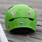 Abus Helm grün hinten, mit Reflexstickern, Kirsche, Mango, Drachfrucht, Pfirsich