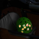 Helmet in cargo bicycle box, reflective fruit theme stickers