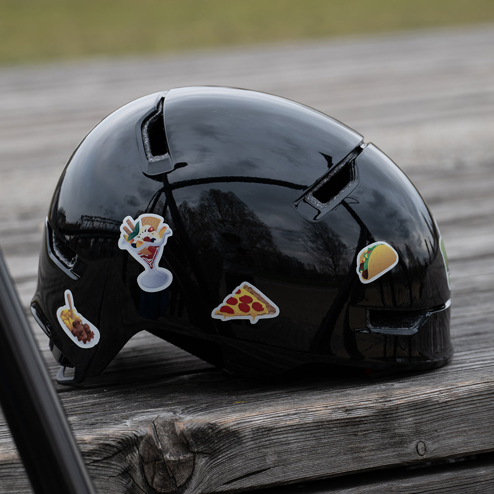 Abus Fahrradhelm schwarz, Seite, Aufkleber reflektierend, Pizza, Pommes, Eis