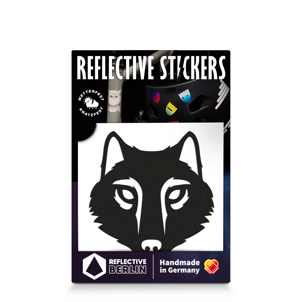 black reflective wolf decal in packaging