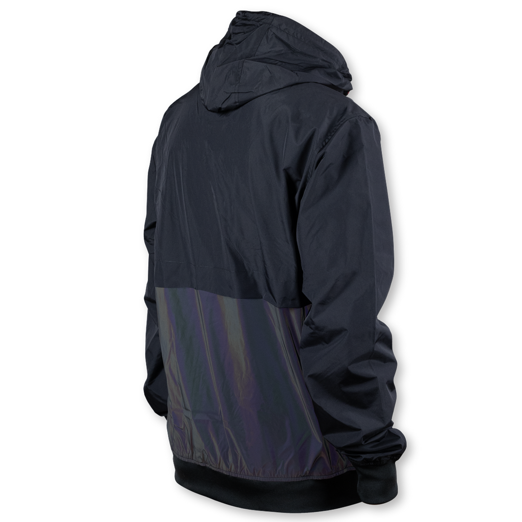 Resulaner jacket, product picture thumbnail, reflective rainbow, day time, back view 