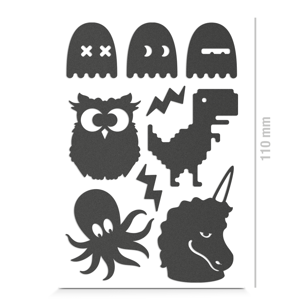Eule, Geister, T-Rex, Krake, Einhorn Sticker für Textil, reflektierend, Freisteller, Farbe schwarz