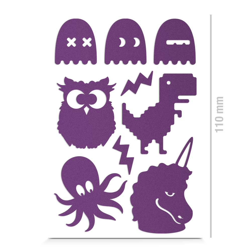 Eule, Geister, T-Rex, Krake, Einhorn Sticker für Textil, reflektierend, Freisteller, Farbe violett