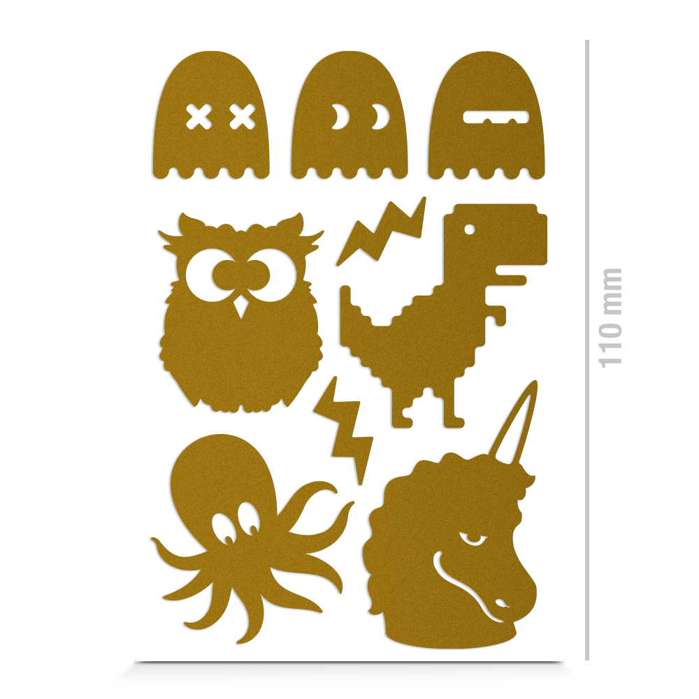 Eule, Geister, T-Rex, Krake, Einhorn Sticker für Textil, reflektierend, Freisteller, Farbe gold