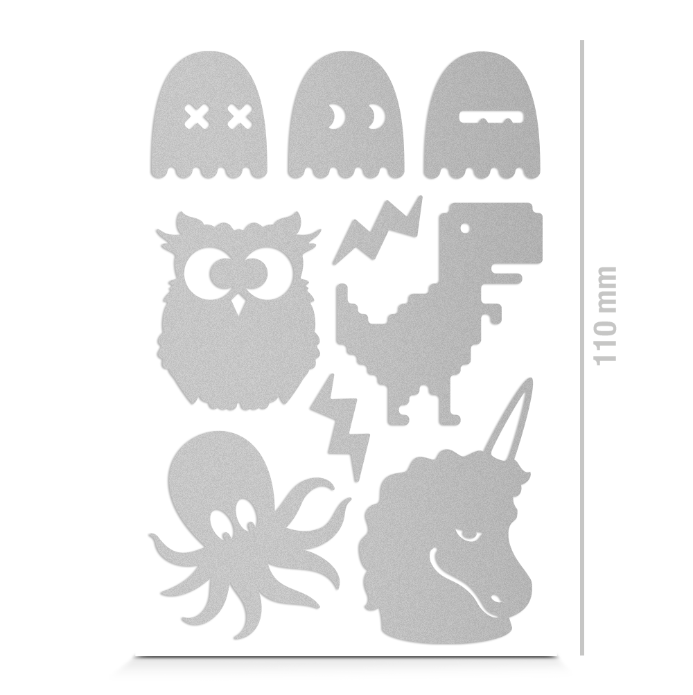 Eule, Geister, T-Rex, Krake, Einhorn Sticker für Textil, reflektierend, Freisteller, Farbe silber